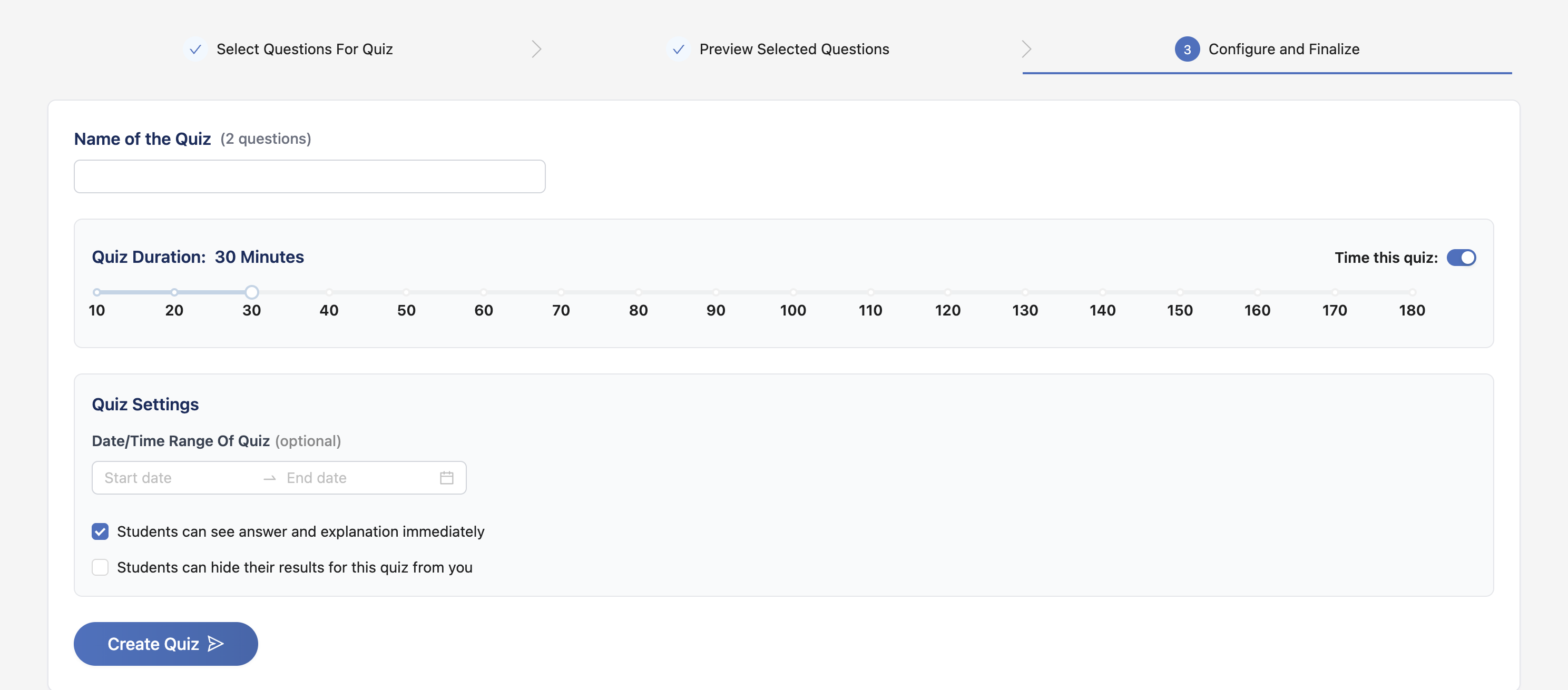 Configure and Finalize page showing quiz name, duration slider, and settings